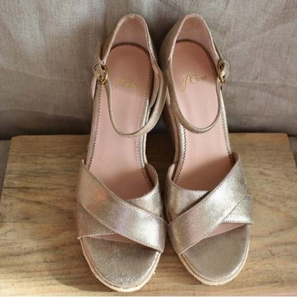J. Crew Metallic Champagne Lt. Gold Leather Platform Espadrille Size 7.5 - Picture 4 of 11